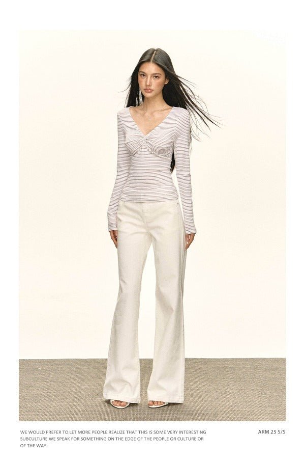 Beige High Waist Flare Denim Long Casual Pants - EveningVerse - 6