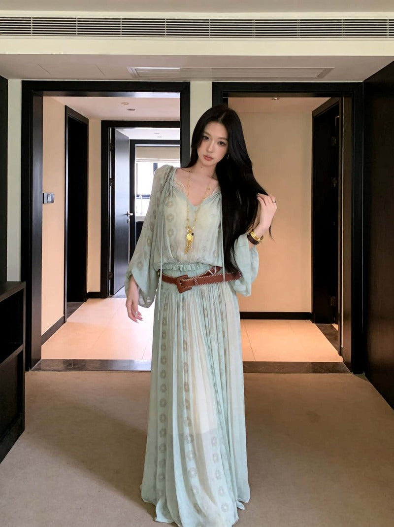 Mint Green V-Neck Long Sleeve Maxi Dress