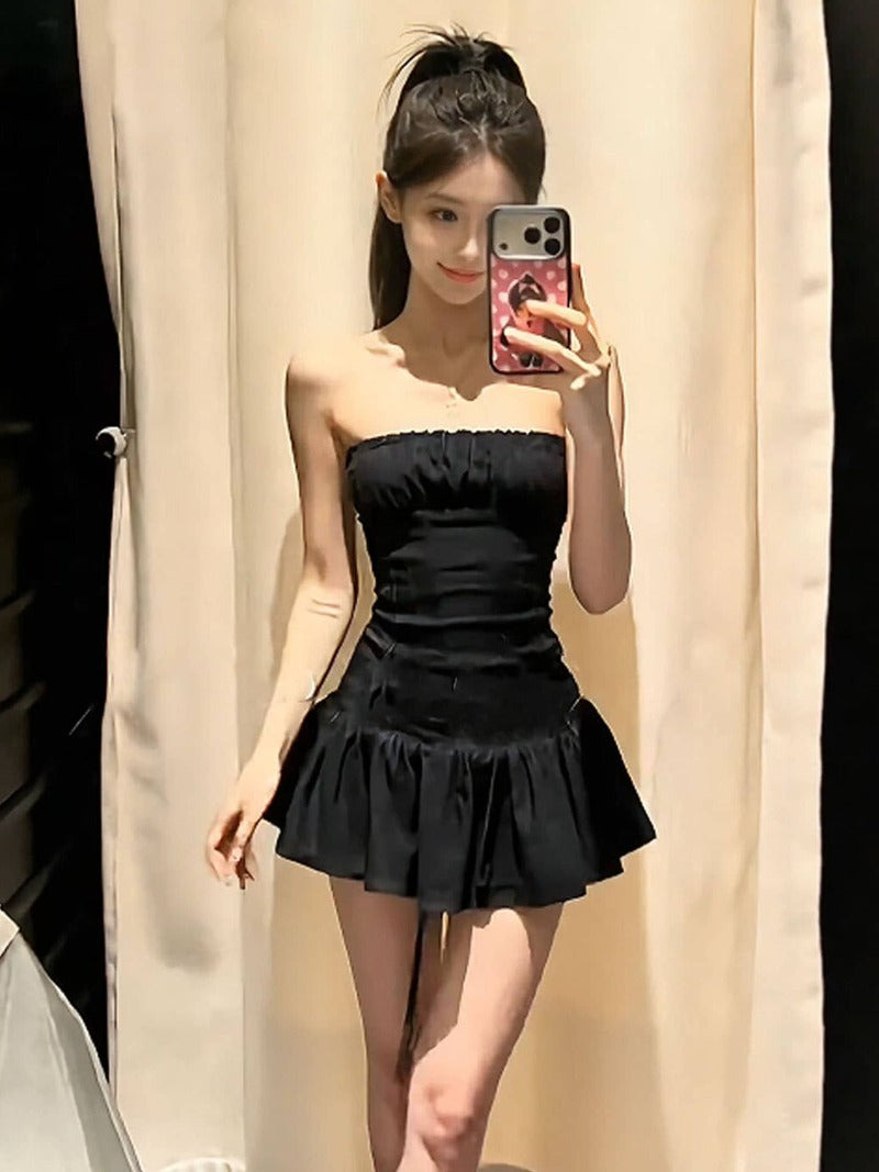 Black Strapless Ruched Ruffle Hem A-Line Mini Dress