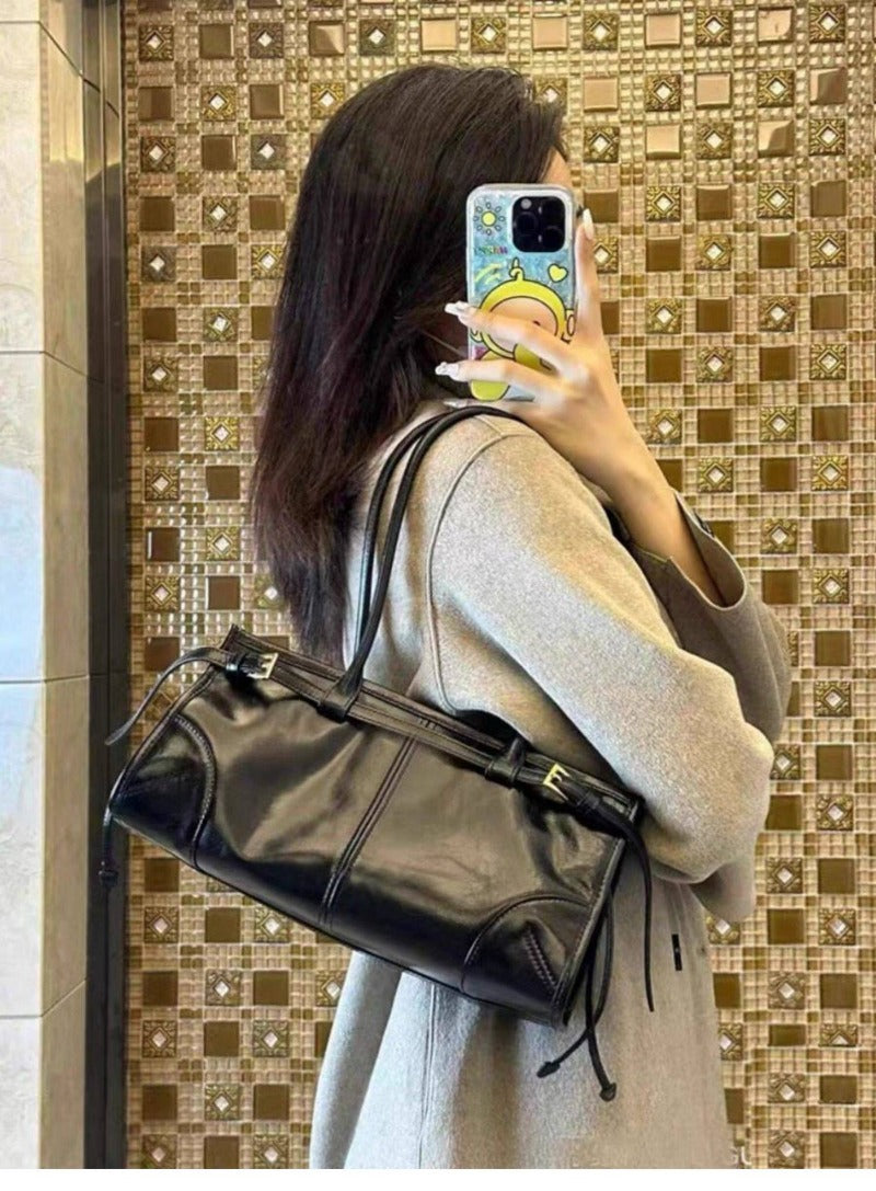 Black Glossy Shoulder Bag with Buckle Detail