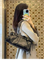 Black Glossy Shoulder Bag with Buckle Detail