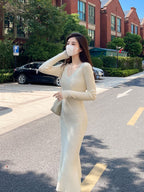 V Neck Long Sleeve Ribbed Knit Mermaid Maxi Dress