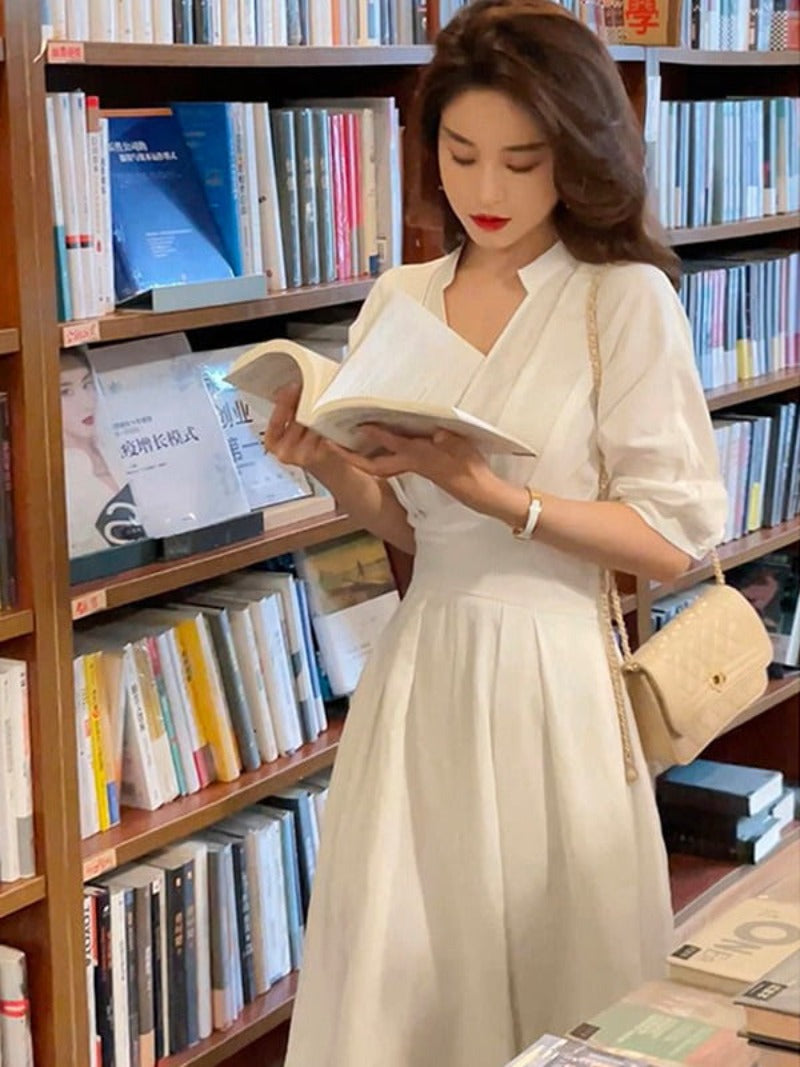 White V-Neck Pleated A-Line Maxi Dress