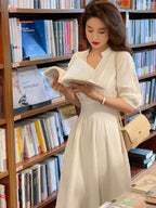 White V-Neck Pleated A-Line Maxi Dress