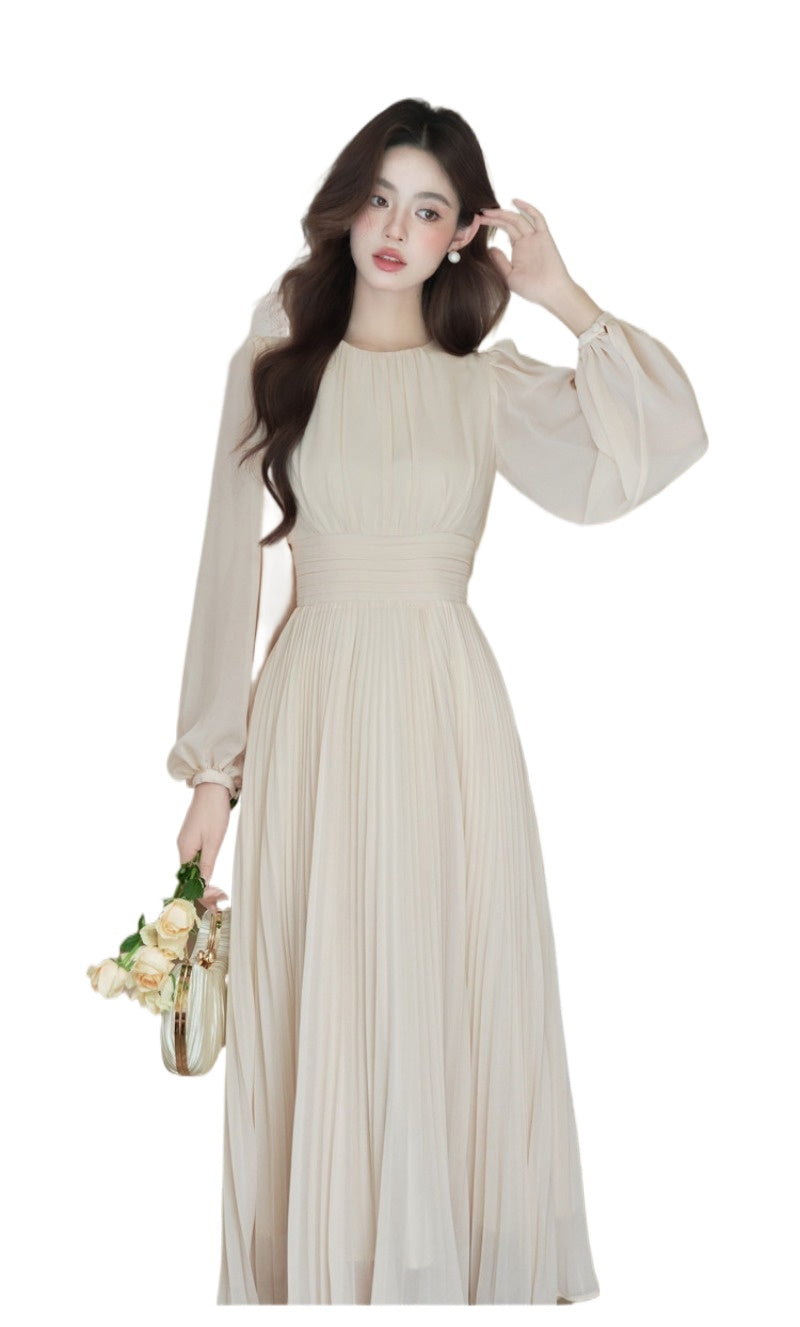 Elegant Pleated Lantern Sleeve Fit-and-Flare Maxi Dress Main image
