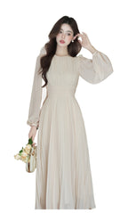 Elegant Pleated Lantern Sleeve Fit-and-Flare Maxi Dress