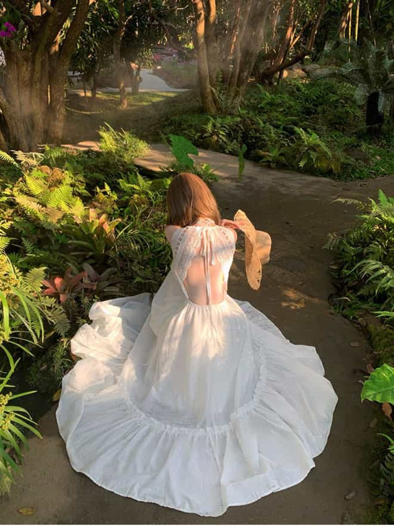 White Lace Trim Open Back V Neck A-Line Maxi Dress