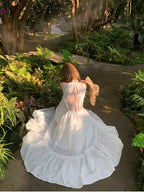 White Lace Trim Open Back V Neck A-Line Maxi Dress