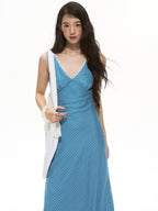 Blue Polka Dot V Neck Backless A-Line Maxi Dress