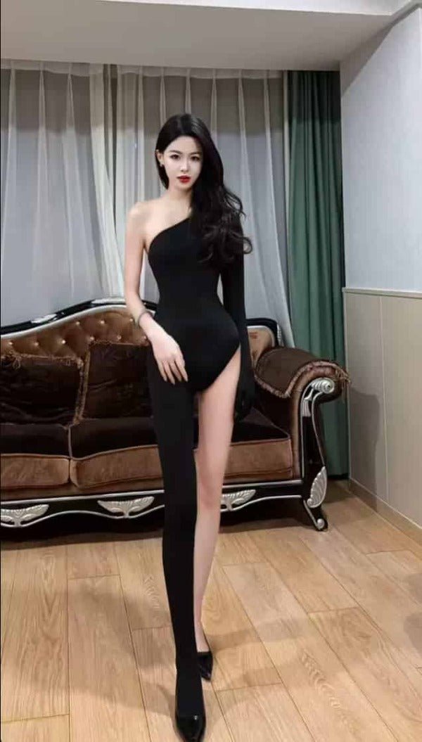 Black Asymmetric One Shoulder Cut Out Back Bodysuit Top - EveningVerse - 5