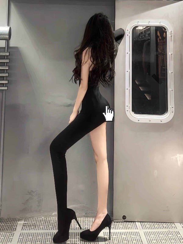 Black Asymmetric One Shoulder Cut Out Back Bodysuit Top - EveningVerse - 4