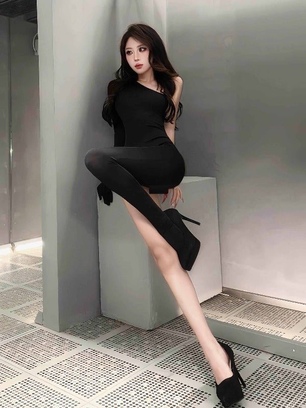 Black Asymmetric One Shoulder Cut Out Back Bodysuit Top Secondary image