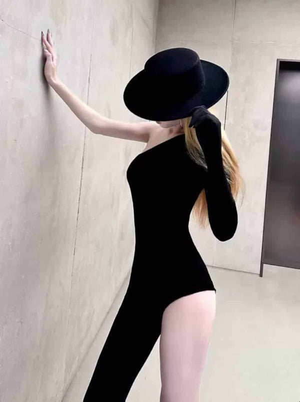 Black Asymmetric One Shoulder Cut Out Back Bodysuit Top - EveningVerse - 7
