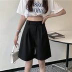 Black High - Waisted Pleated Wide Leg Shorts - EveningVerse - 7