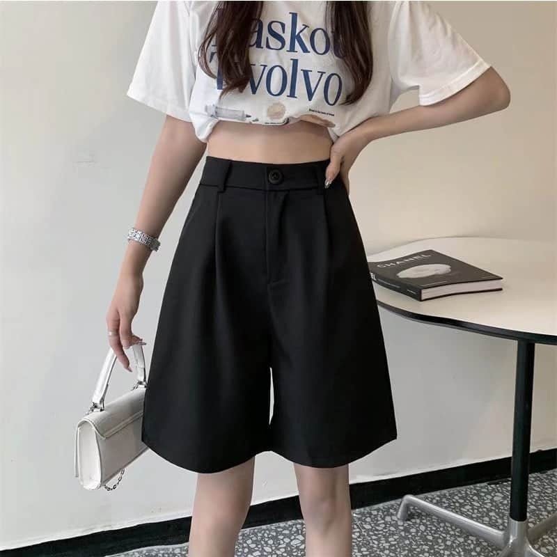 Black High - Waisted Pleated Wide Leg Shorts - EveningVerse - 7