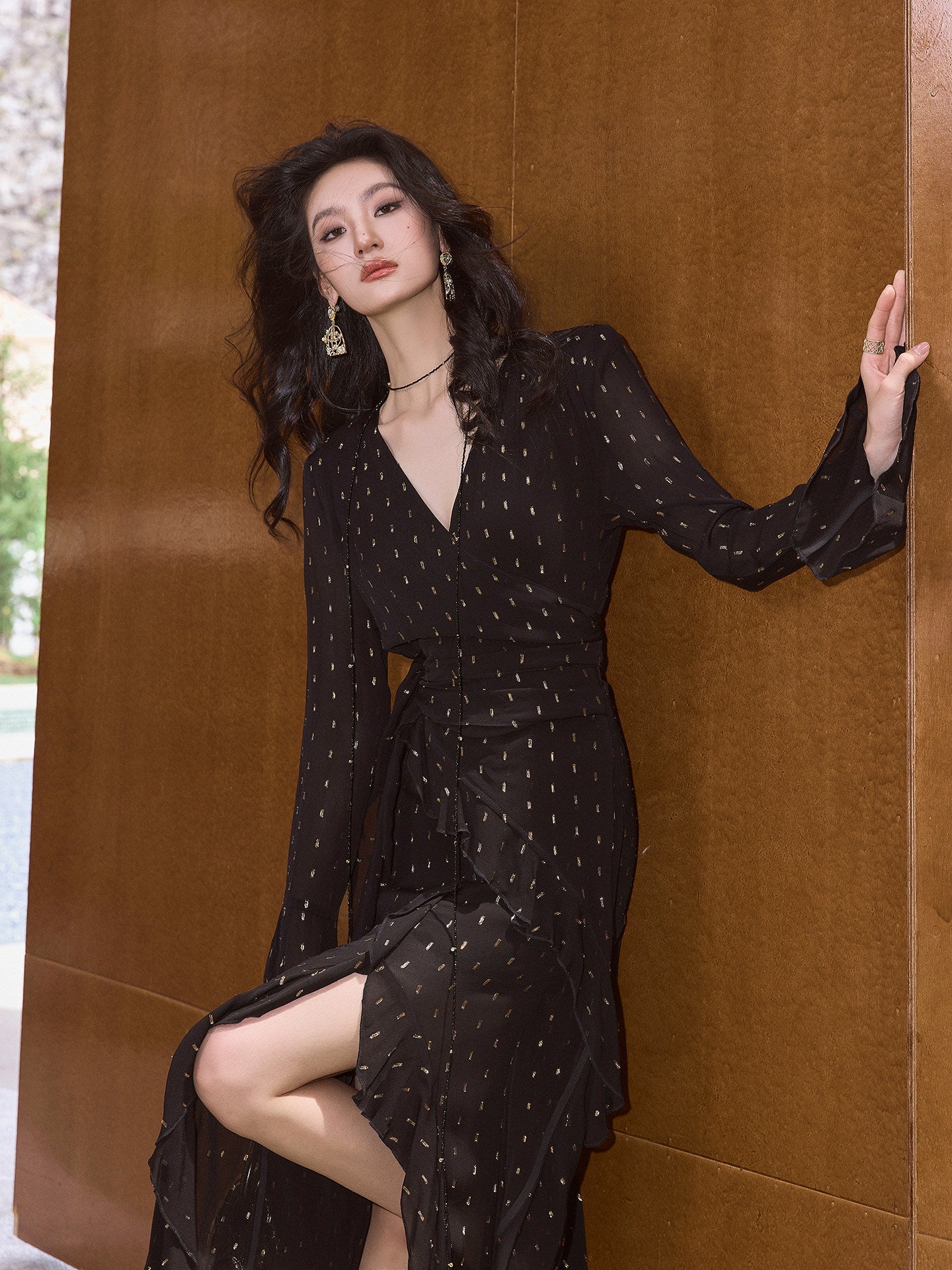 Black Polka Dot Wrap Maxi Dress with Slit - EveningVerse - 5