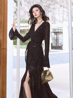 Black Polka Dot Wrap Maxi Dress with Slit - EveningVerse - 4
