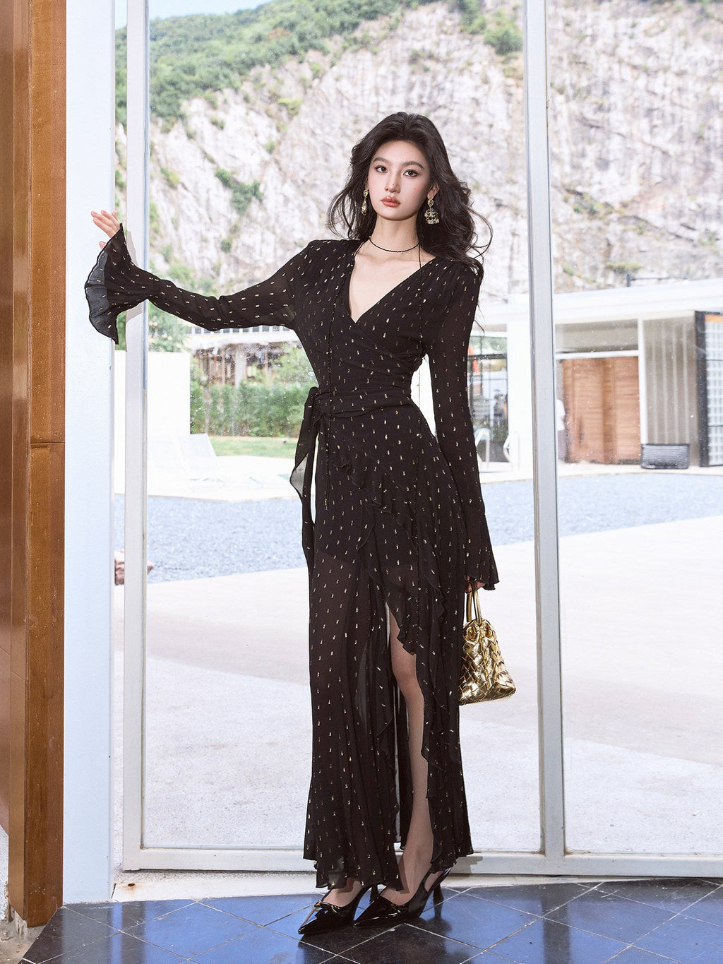 Black Polka Dot Wrap Maxi Dress with Slit - EveningVerse - 1