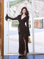 Black Polka Dot Wrap Maxi Dress with Slit - EveningVerse - 1