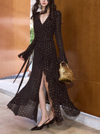 Black Polka Dot Wrap Maxi Dress with Slit - EveningVerse - 2