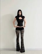 Black/White Mandarin Collar Cut Out Cap Sleeve Top - EveningVerse2
