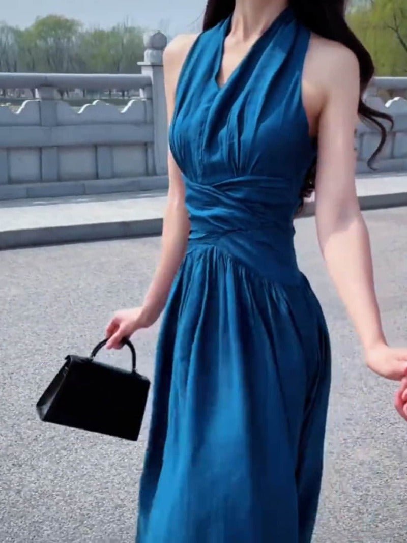 Blue Halter V Neck Fitted Maxi Dress - EveningVerse - 8