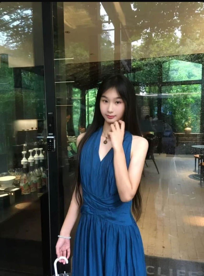 Blue Halter V Neck Fitted Maxi Dress - EveningVerse - 3