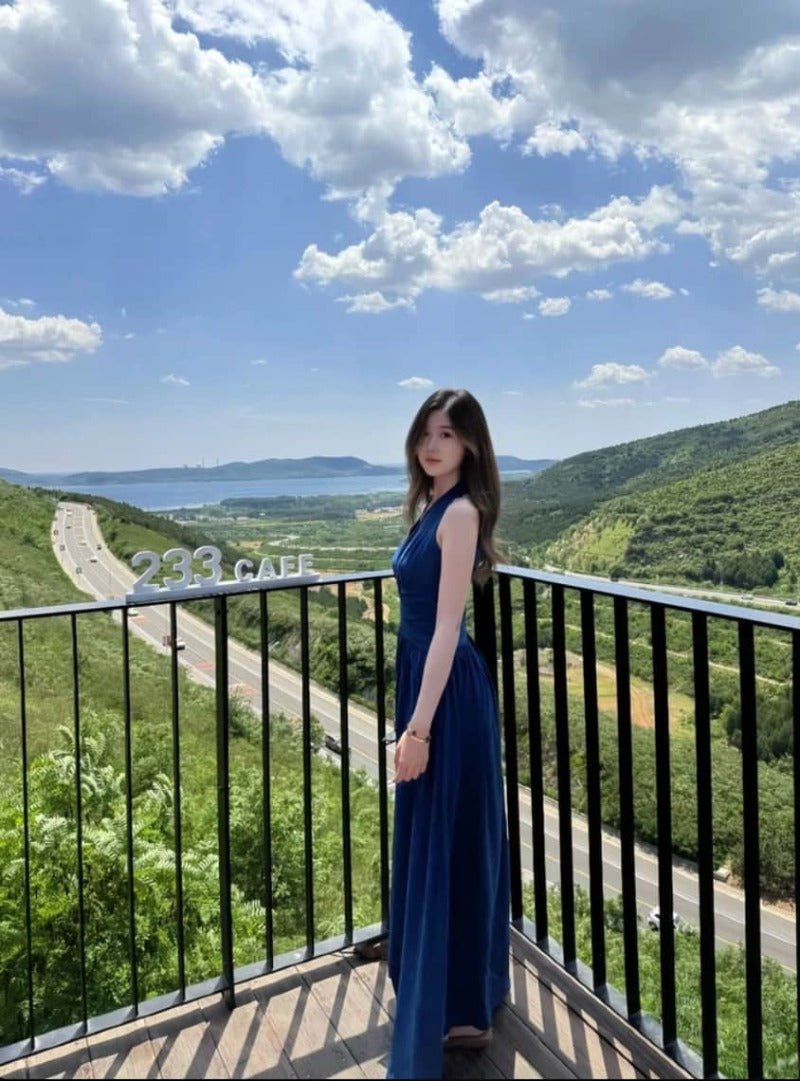 Blue Halter V Neck Fitted Maxi Dress - EveningVerse - 5