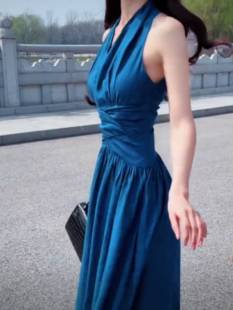 Blue Halter V Neck Fitted Maxi Dress - EveningVerse - 7