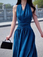 Blue Halter V Neck Fitted Maxi Dress - EveningVerse - 6