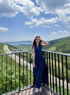 Blue Halter V Neck Fitted Maxi Dress - EveningVerse - 1