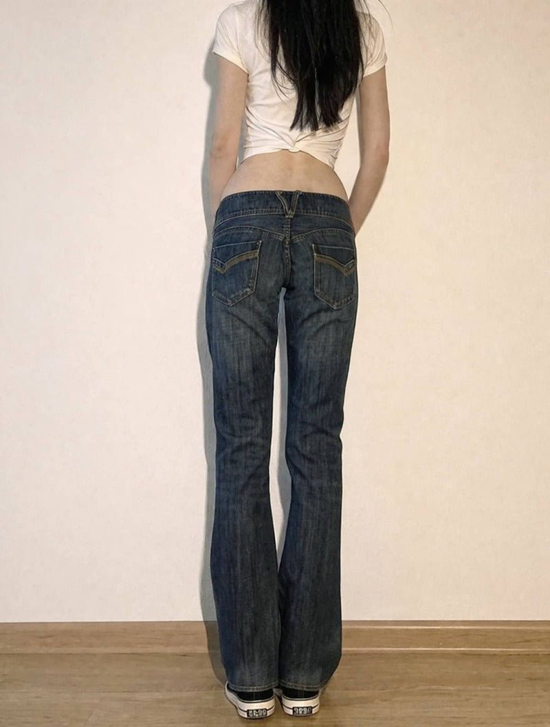 Blue Low Rise Micro Flare Distressed Retro Jeans - EveningVerse - 6