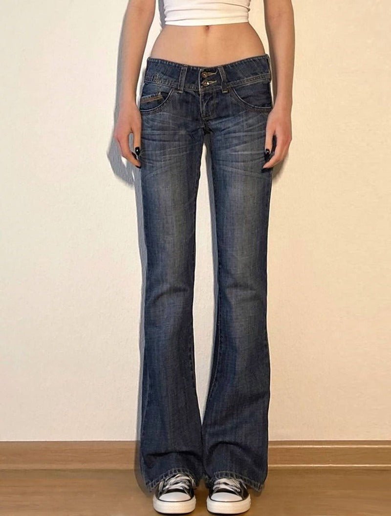 Blue Low Rise Micro Flare Distressed Retro Jeans - EveningVerse - 1 Main image