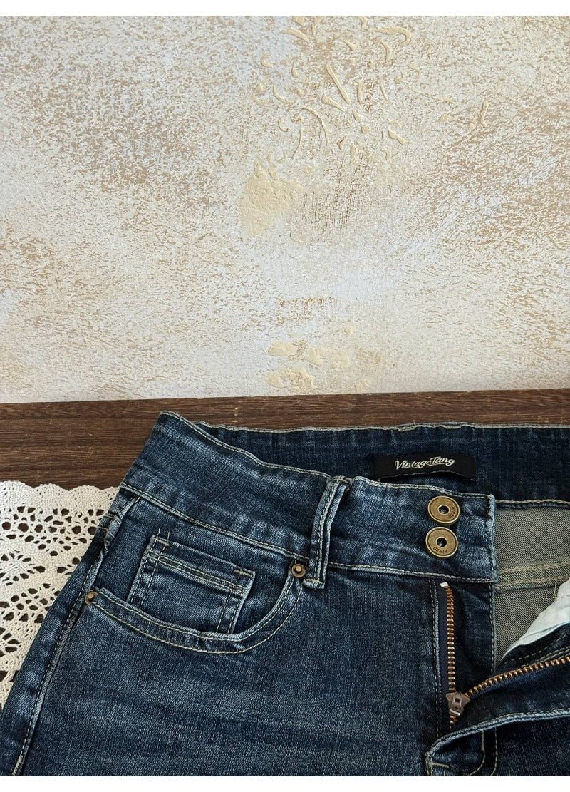 Blue Low Rise Micro Flare Distressed Retro Jeans - EveningVerse - 9