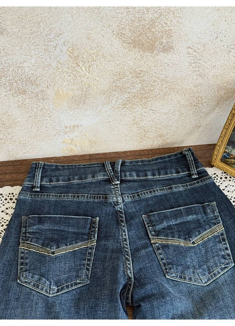 Blue Low Rise Micro Flare Distressed Retro Jeans - EveningVerse - 10