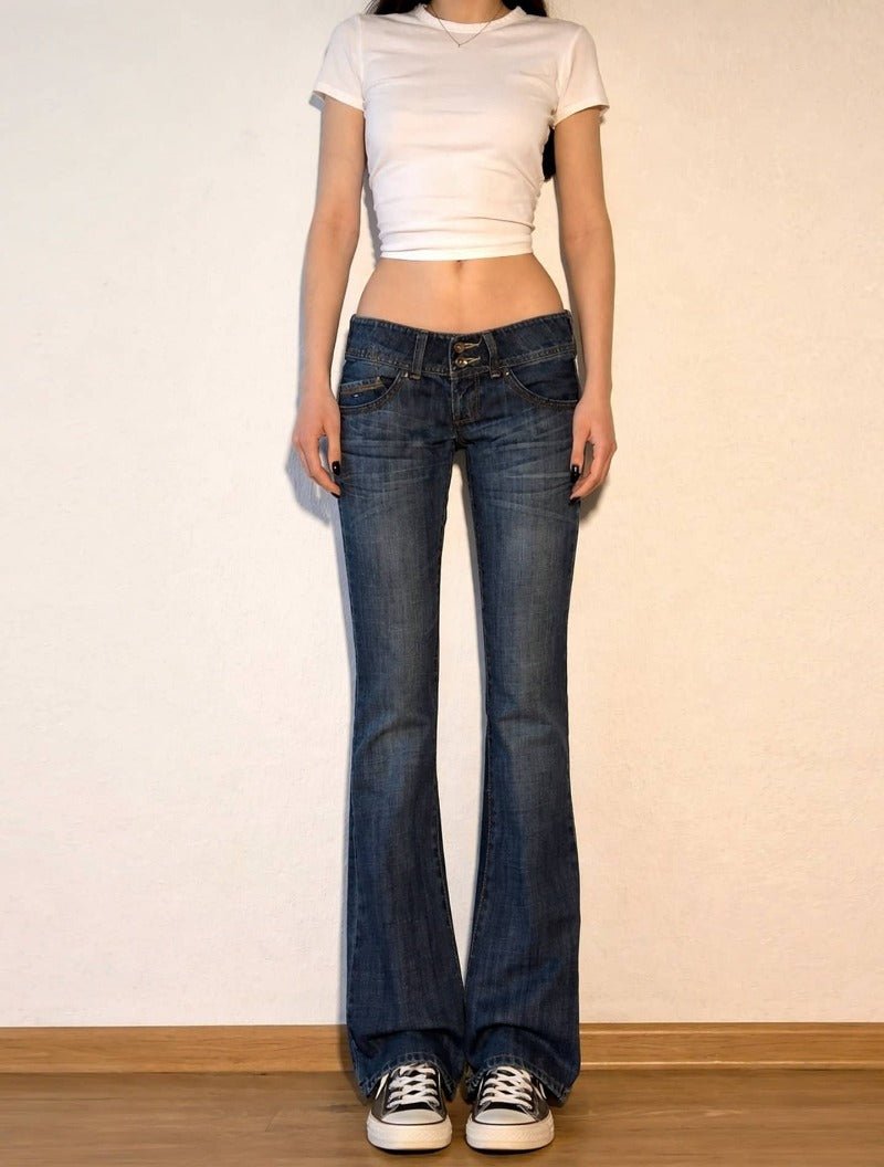 Blue Low Rise Micro Flare Distressed Retro Jeans - EveningVerse - 3