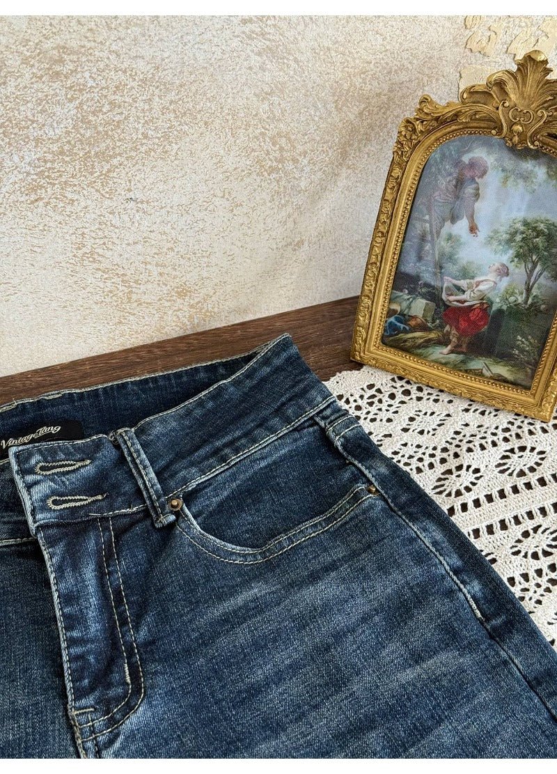 Blue Low Rise Micro Flare Distressed Retro Jeans - EveningVerse - 7