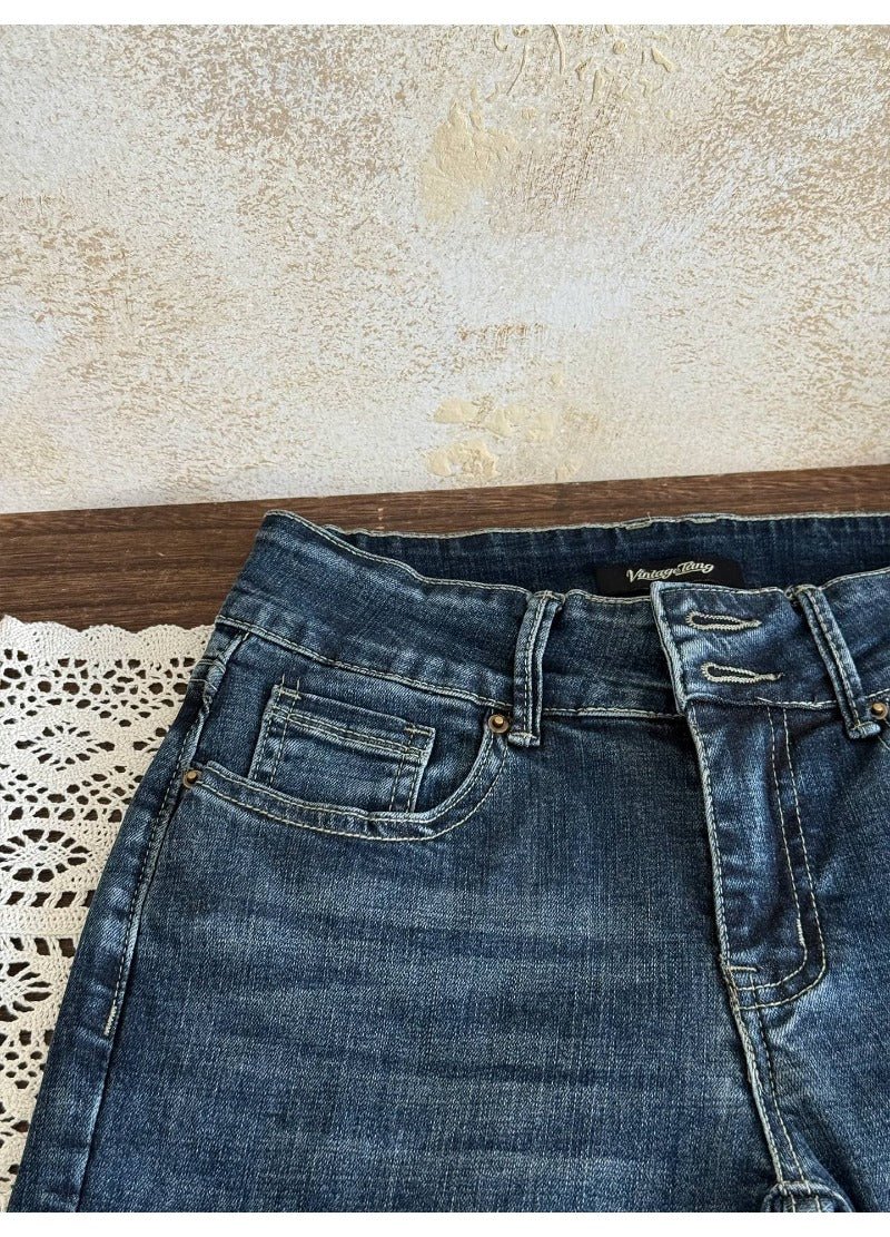 Blue Low Rise Micro Flare Distressed Retro Jeans - EveningVerse - 8