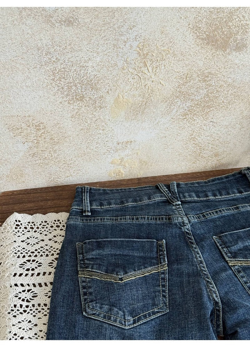 Blue Low Rise Micro Flare Distressed Retro Jeans - EveningVerse - 11