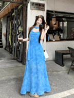 Blue Tie Dye Chiffon Halter Neck Back Streamer Maxi Dress - EveningVerse2