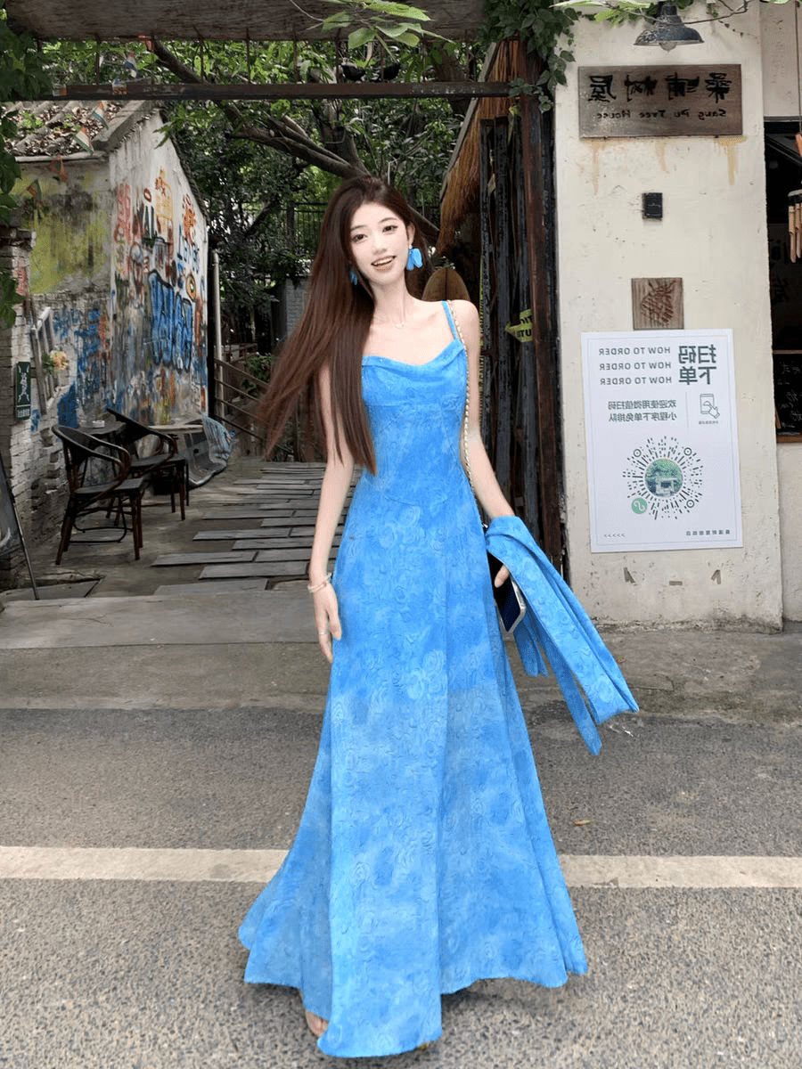 Blue Tie Dye Chiffon Halter Neck Back Streamer Maxi Dress - EveningVerse4