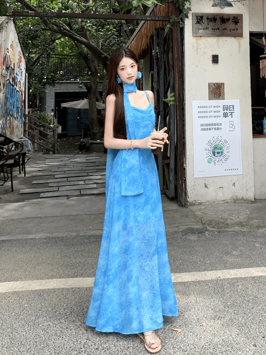 Blue Tie Dye Chiffon Halter Neck Back Streamer Maxi Dress - EveningVerse5