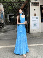 Blue Tie Dye Chiffon Halter Neck Back Streamer Maxi Dress - EveningVerse5