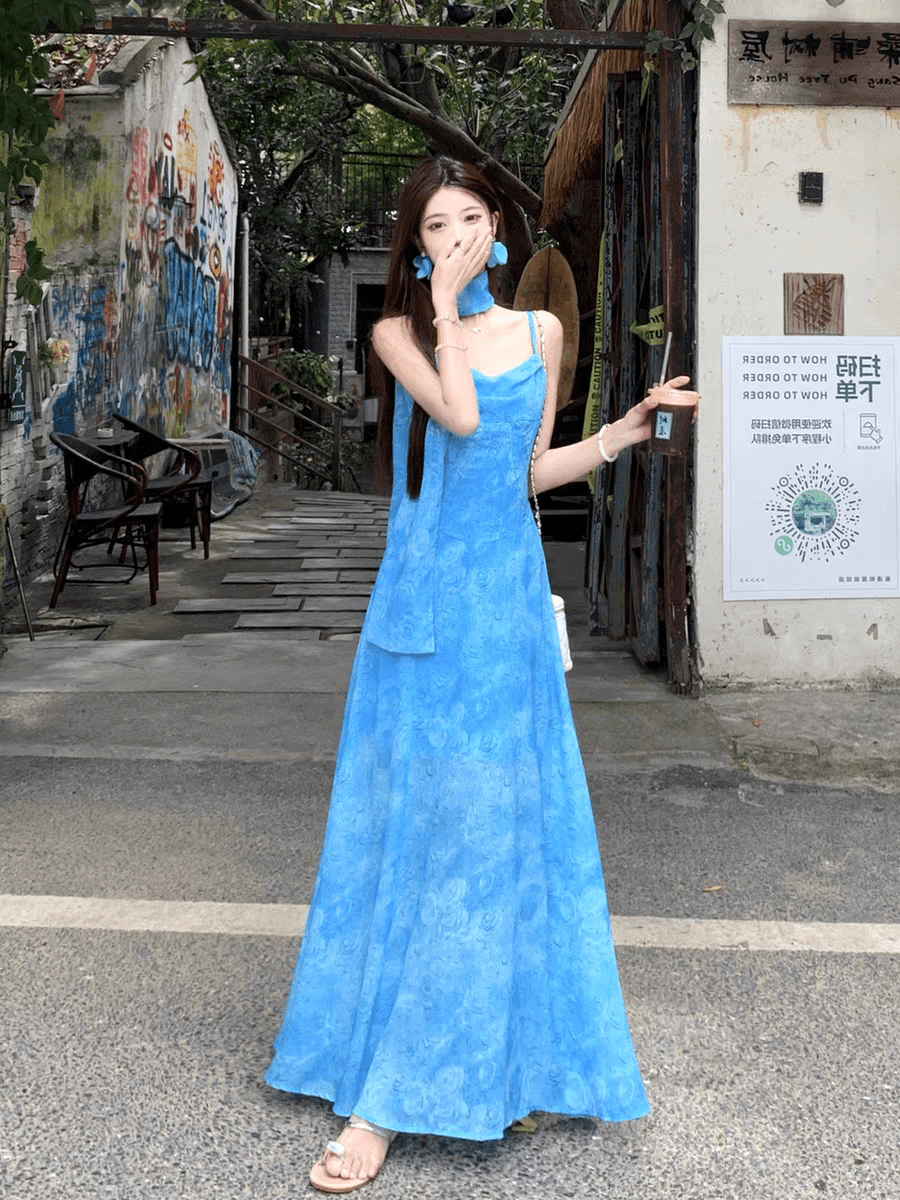 Blue Tie Dye Chiffon Halter Neck Back Streamer Maxi Dress - EveningVerse1