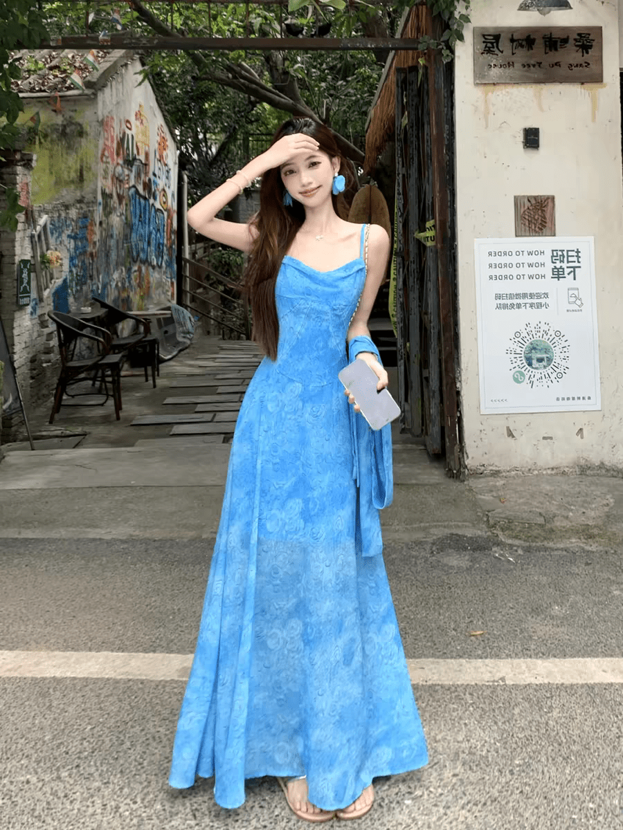 Blue Tie Dye Chiffon Halter Neck Back Streamer Maxi Dress - EveningVerse3