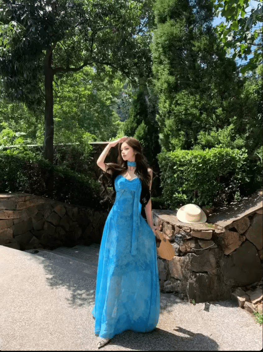 Blue Tie Dye Chiffon Halter Neck Back Streamer Maxi Dress - EveningVerse7