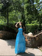 Blue Tie Dye Chiffon Halter Neck Back Streamer Maxi Dress - EveningVerse7