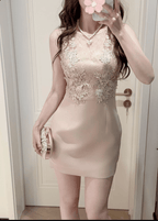 Blush Pink Lace Round Neck Ruched Waist Cutout Back Sleeveless Mini Dress - EveningVerse2