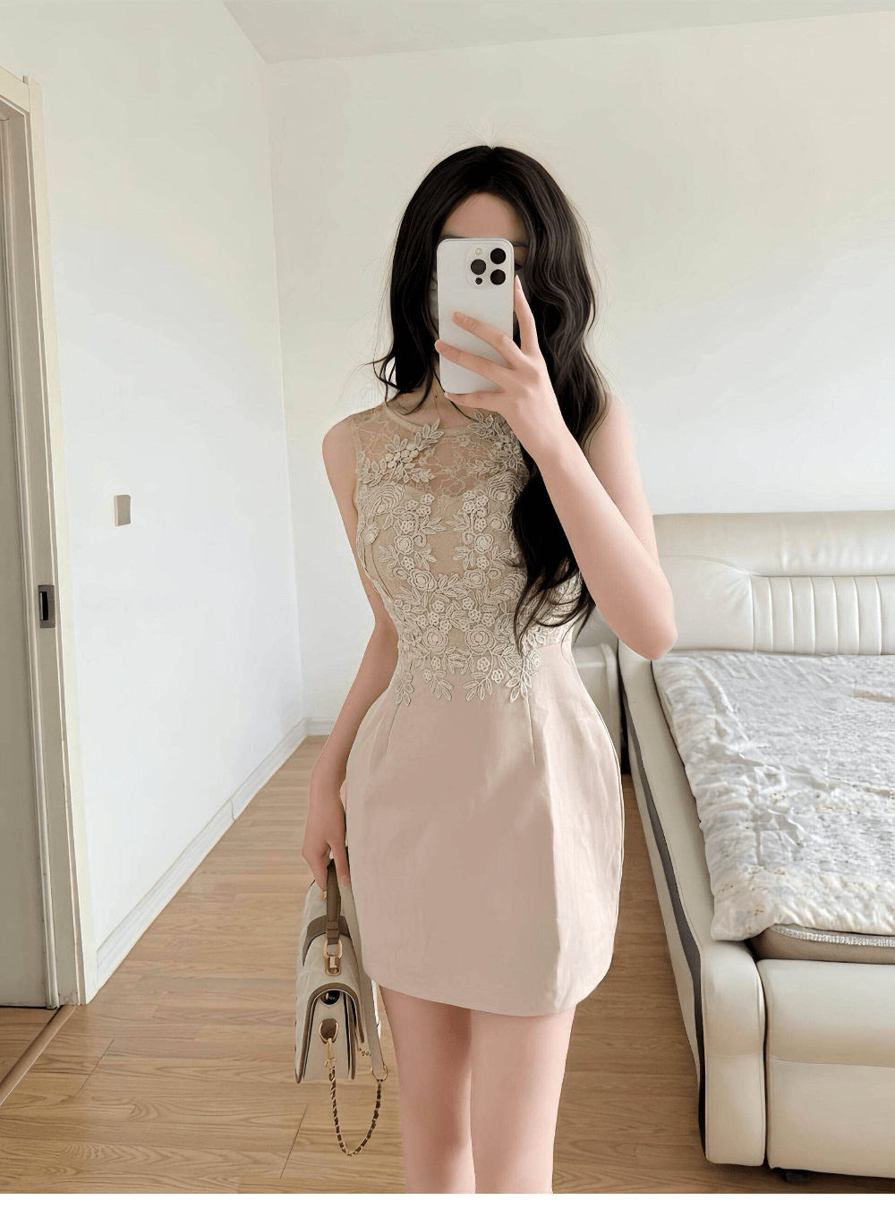 Blush Pink Lace Round Neck Ruched Waist Cutout Back Sleeveless Mini Dress - EveningVerse4