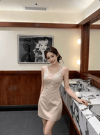 Blush Pink Lace Round Neck Ruched Waist Cutout Back Sleeveless Mini Dress - EveningVerse8